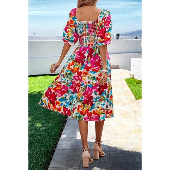 Women's Floral Summer Dress Polyester Puff Sleeve Square Neck Casual Midi - Picture 2 of 6